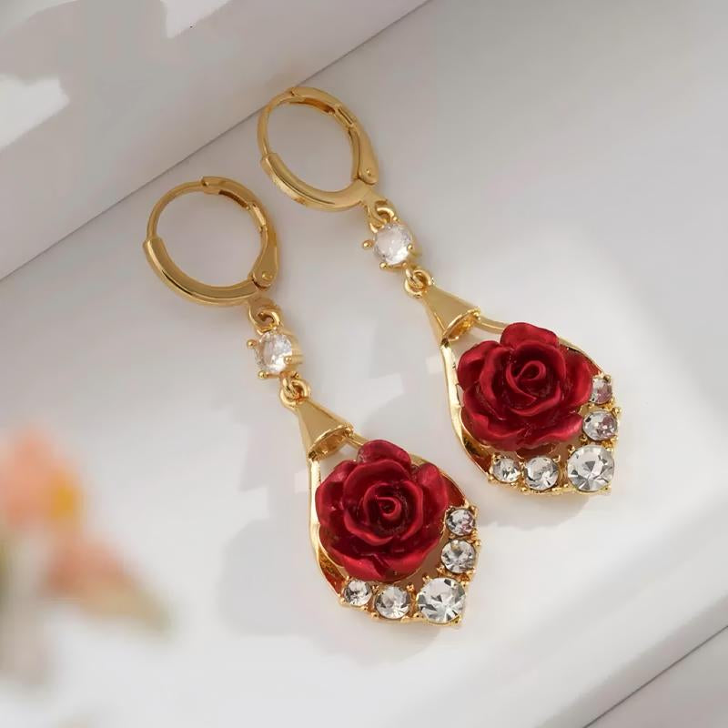 Rose Drop Earrings 14K Gold Plated Sparkling Crystal Tassel Design, Chic Elegant Fashion Jewelry Water Drop Earrings for Women 2025