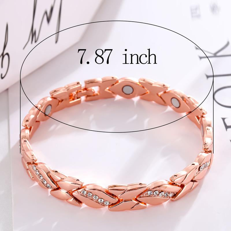 Women'S Leaf Bracelet, Pure Copper Magnetic Bracelet with Diamonds, 3500 Gauss Effective Magnet, Outdoor Fun